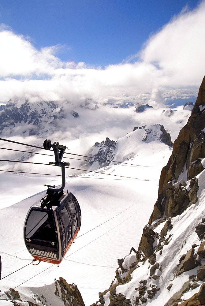 Cable car approaching Aiguille du Midi summit, Chamonix-Mont-Blanc, French Alps, France, Europe