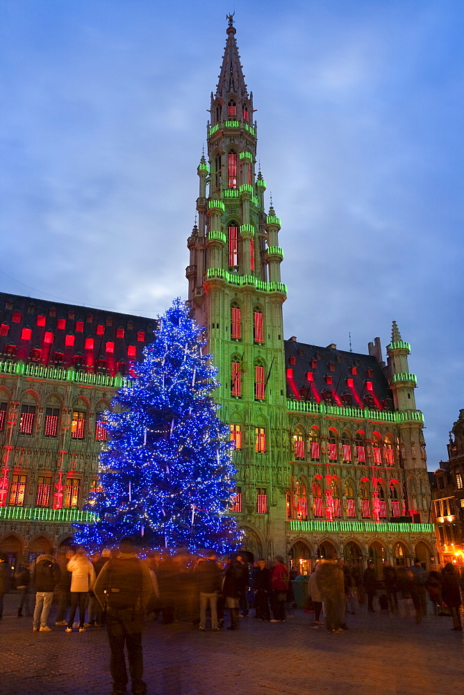 City Hall, Grand Place, UNESCO World Heritage Site, at Christmas time, Brussels, Belgium, Europe