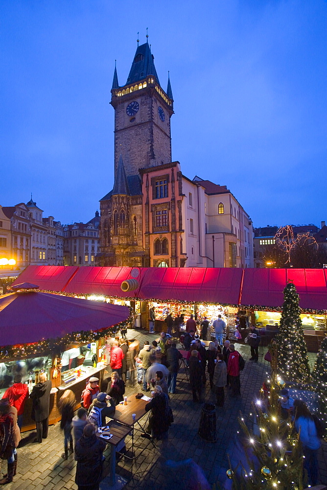 Old Town Square at Christmas time and Old Town Hall, Prague, Czech Republic, Europe