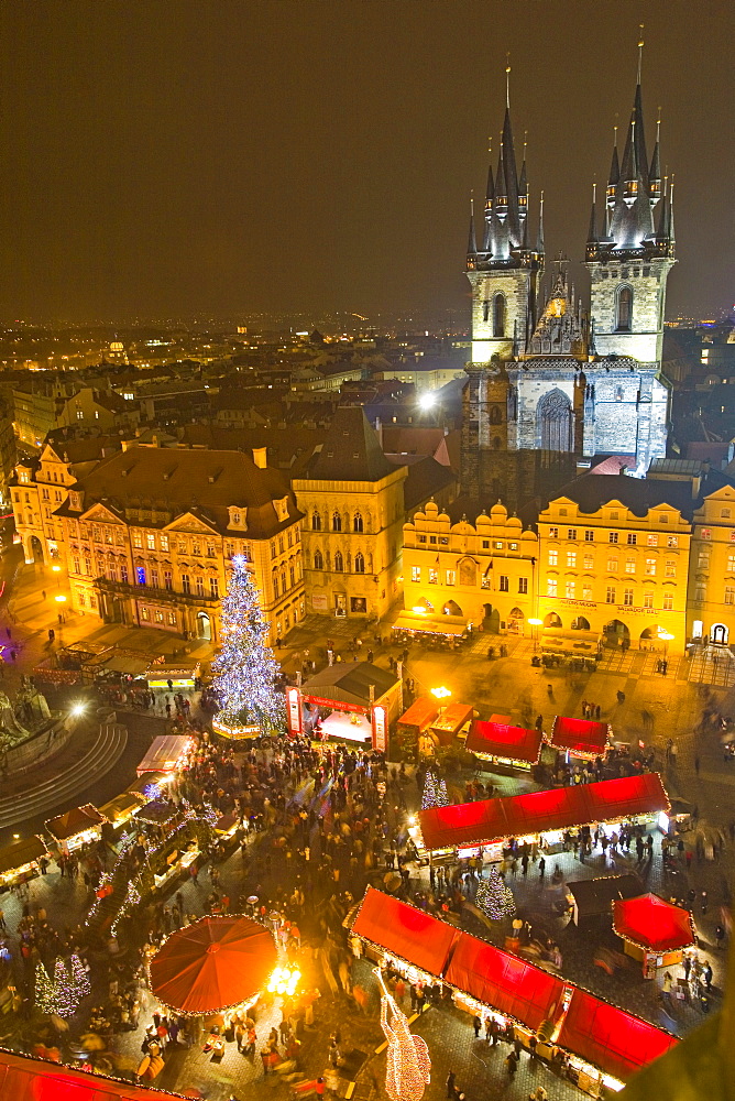 Old Town Square and Tyn Cathedral at Christmas time, viewed from Old Town Hall, Prague, Czech Republic, Europe