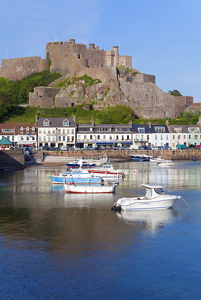 Mount Orgueil Castle, overlooking Grouville Bay in Gorey, Jersey, Channel Islands, United Kingdom, Europe