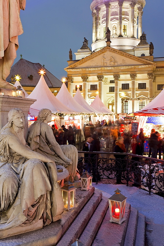 Traditional Christmas Market at Gendarmenmarkt, illuminated at dusk, Berlin, Germany, Europe