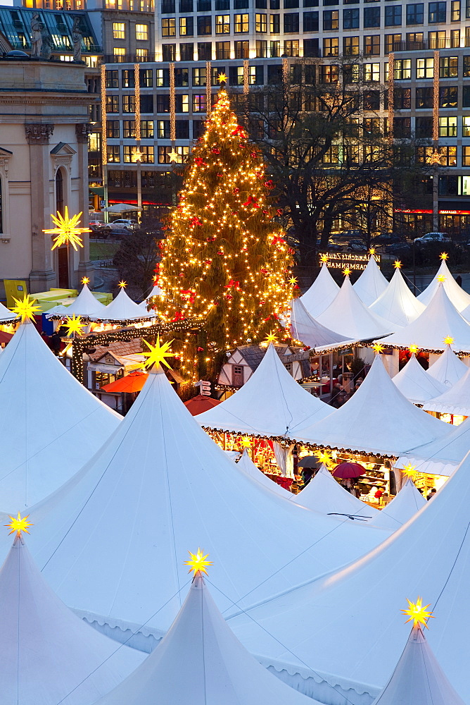 Traditional Christmas Market at Gendarmenmarkt, illuminated at dusk, Berlin, Germany, Europe