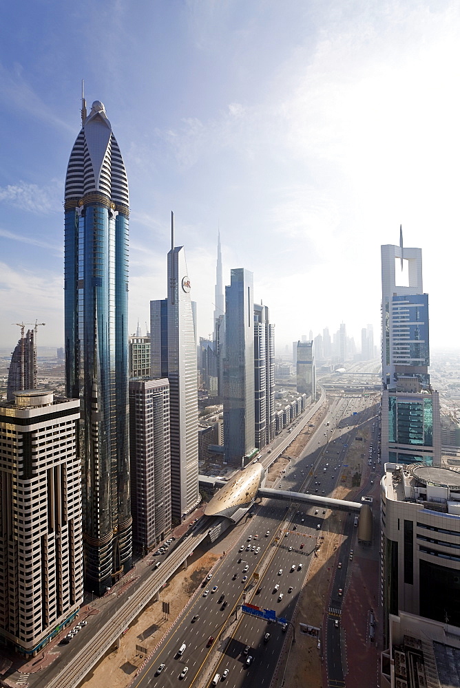 Elevated view of high rise buildings along Sheikh Zayed Road, Dubai, United Arab Emirates, Middle East