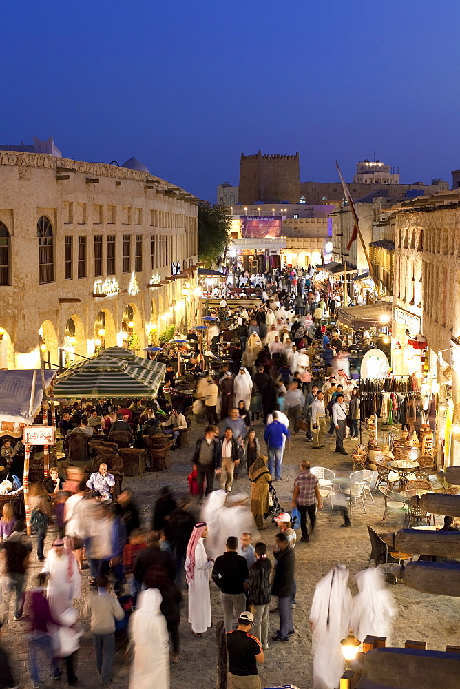 The restored Souq Waqif with mud rendered shops and exposed timber beams, Doha, Qatar, Middle East