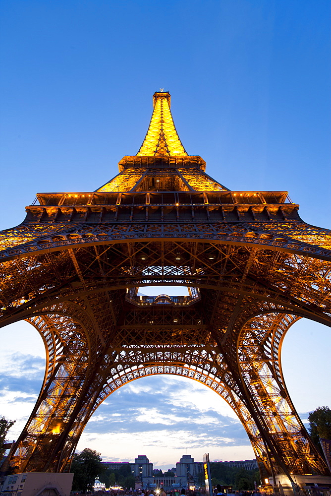 View upwards from underneath the Eiffel Tower, Paris, France, Europe