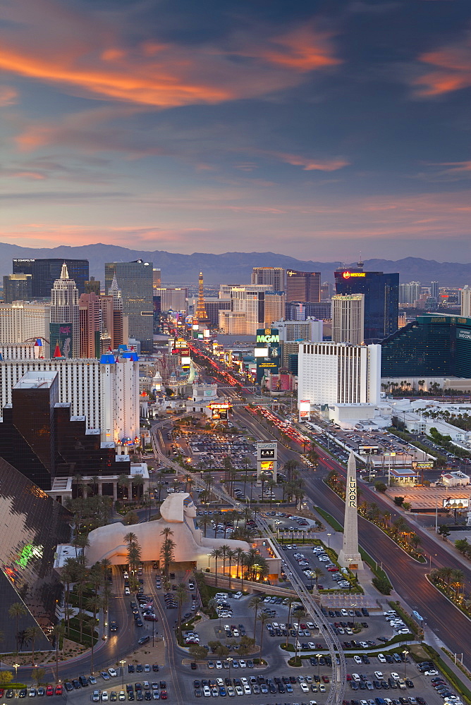 Elevated view of the hotels and casinos along The Strip at dusk, Las Vegas, Nevada, United States of America, North America