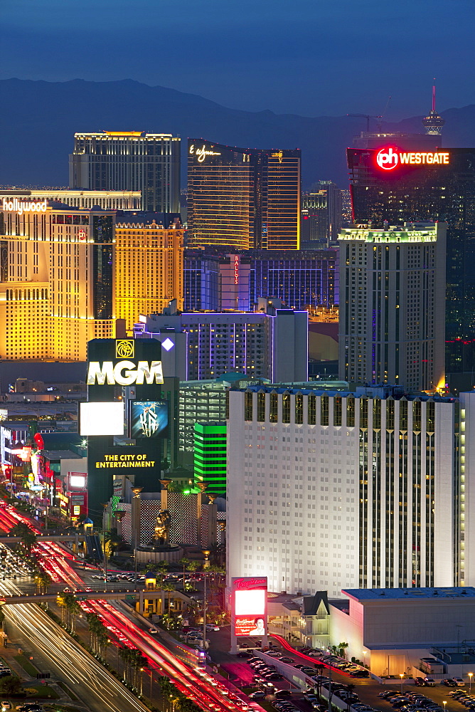 Elevated dusk view of the hotels and casinos along the Strip, Las Vegas, Nevada, United States of America, North America