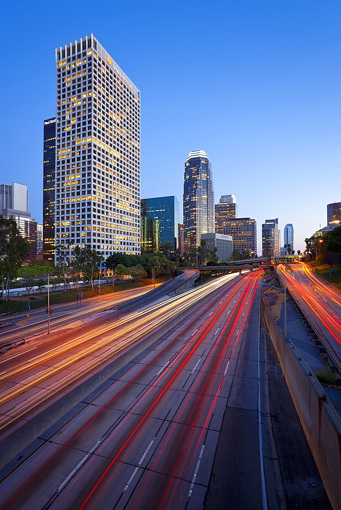 The 110 Harbour Freeway and Downtown Los Angeles skyline, California, United States of America, North America