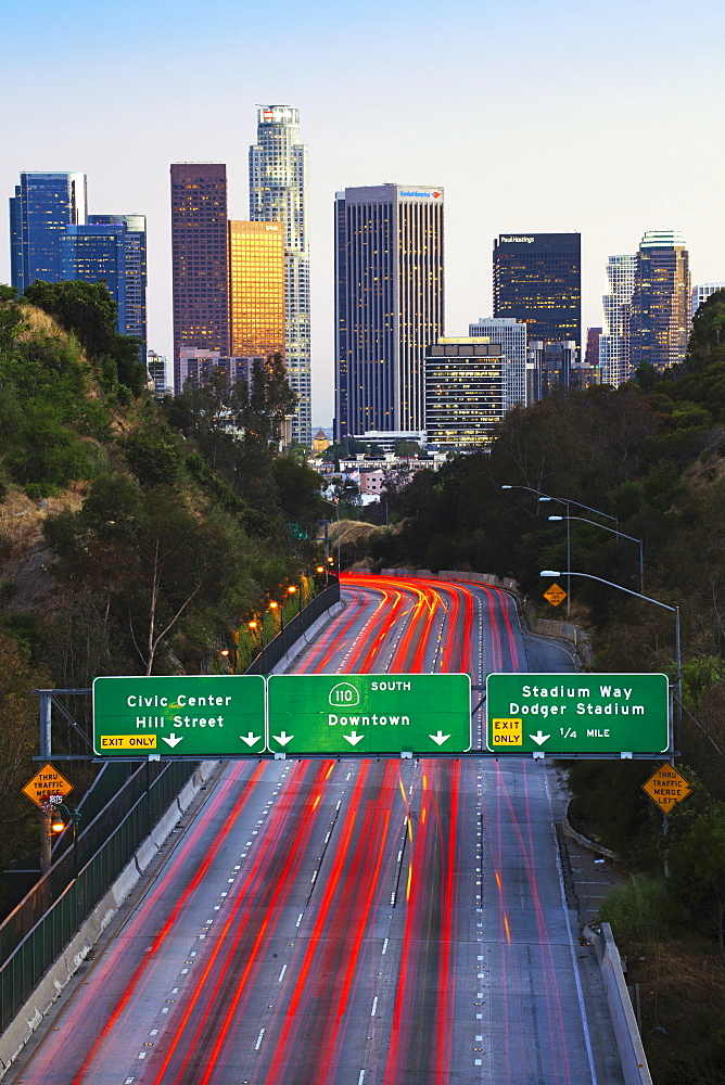 Pasadena Freeway (CA Highway 110) leading to Downtown Los Angeles, California, United States of America, North America