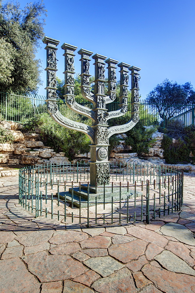 The Menorah sculpture by Benno Elkan at the entrance to the Knesset, the Israeli Parliament, Jerusalem, Israel, Middle East