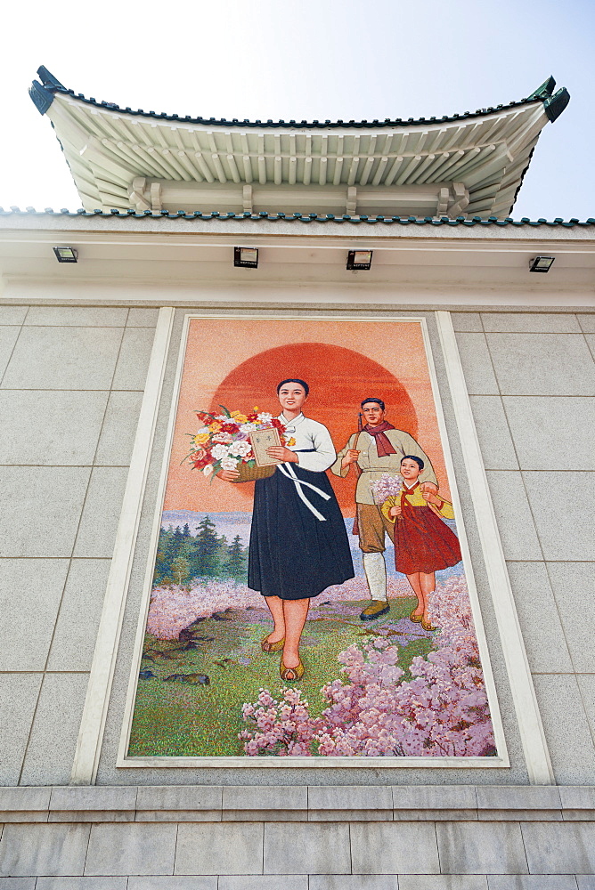 Colourful wall paintings outside the National Theatre, Pyongyang, Democratic People's Republic of Korea (DPRK), North Korea, Asia