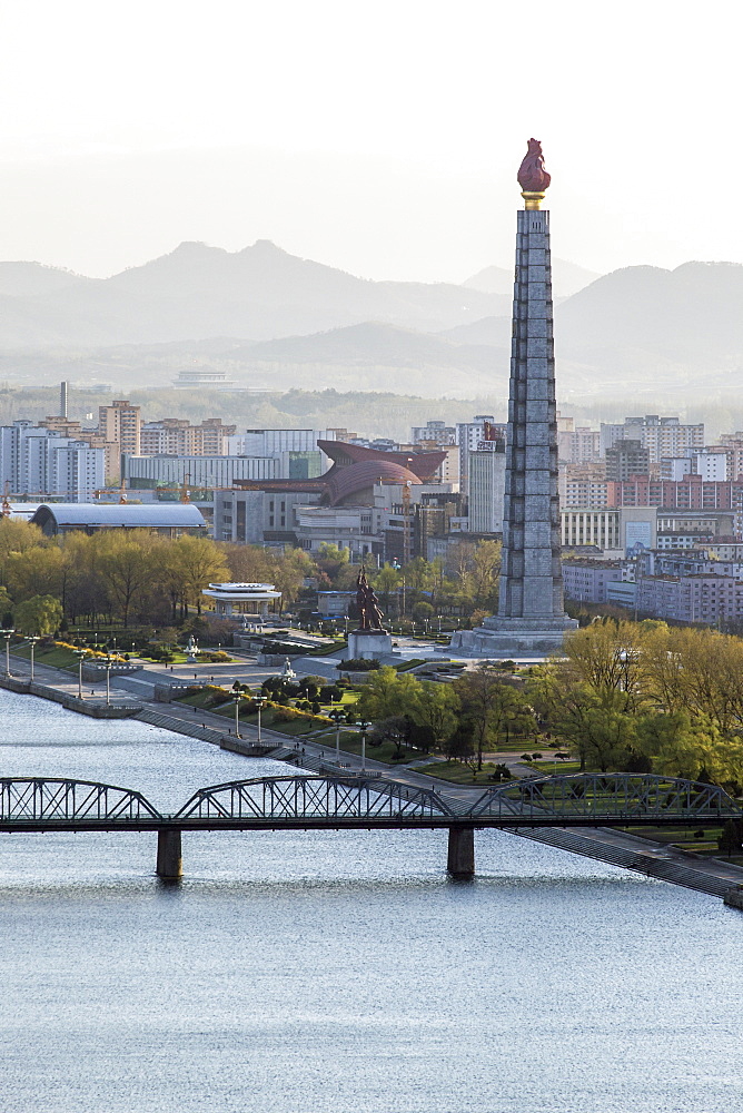 City skyline and the Juche Tower, Pyongyang, Democratic People's Republic of Korea (DPRK), North Korea, Asia