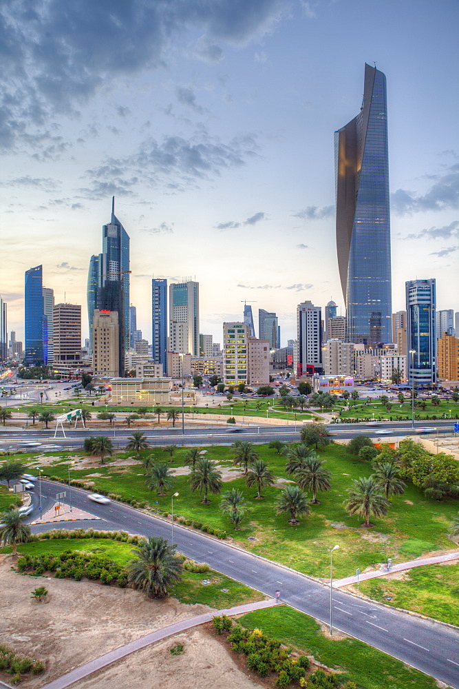 Elevated view of the modern city skyline and central business district, Kuwait City, Kuwait, Middle East