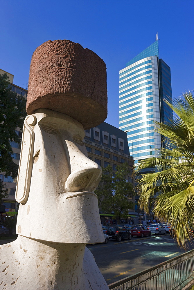 Moai statue on Santiago's main street Avenue O'Higgins, Santiago, Chile, South America