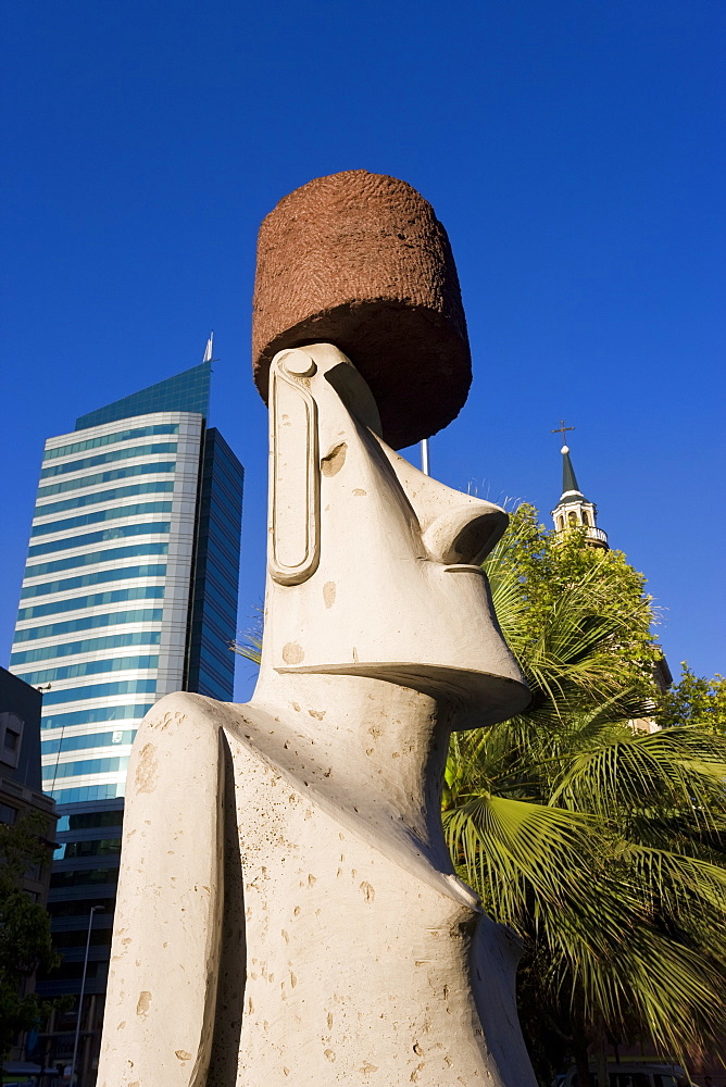 Moai Statue on Santiago's main street Avenue O'Higgins, Santiago, Chile, South America