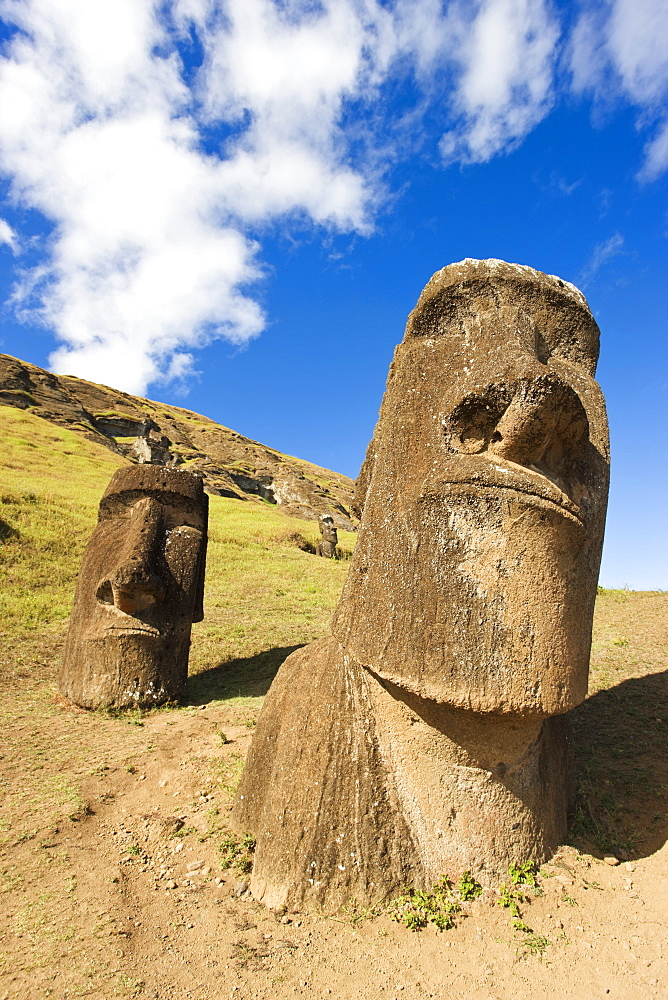 Giant monolithic stone Moai statues at Rano Raraku, Rapa Nui (Easter Island), UNESCO World Heritage Site, Chile, South America