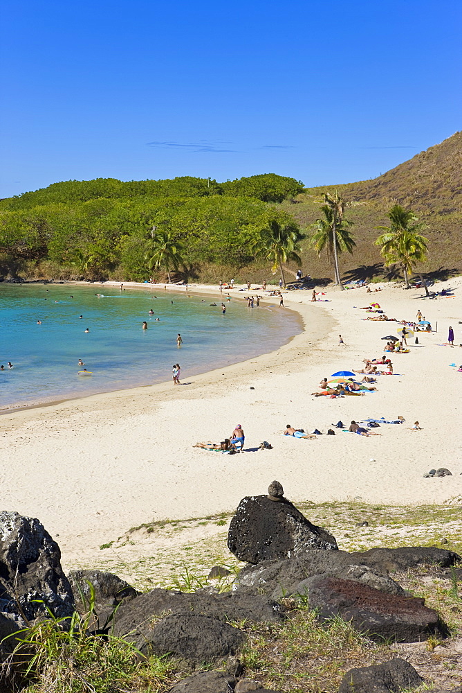 Anakena beach, the Island's white sand beach fringed by palm trees, Rapa Nui (Easter Island), Chile, South America