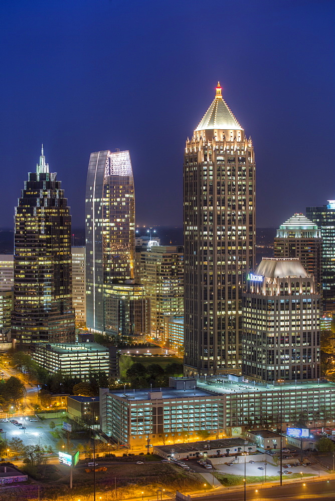 Elevated view over Interstate 85 passing the Atlanta skyline, Atlanta, Georgia, United States of America, North America