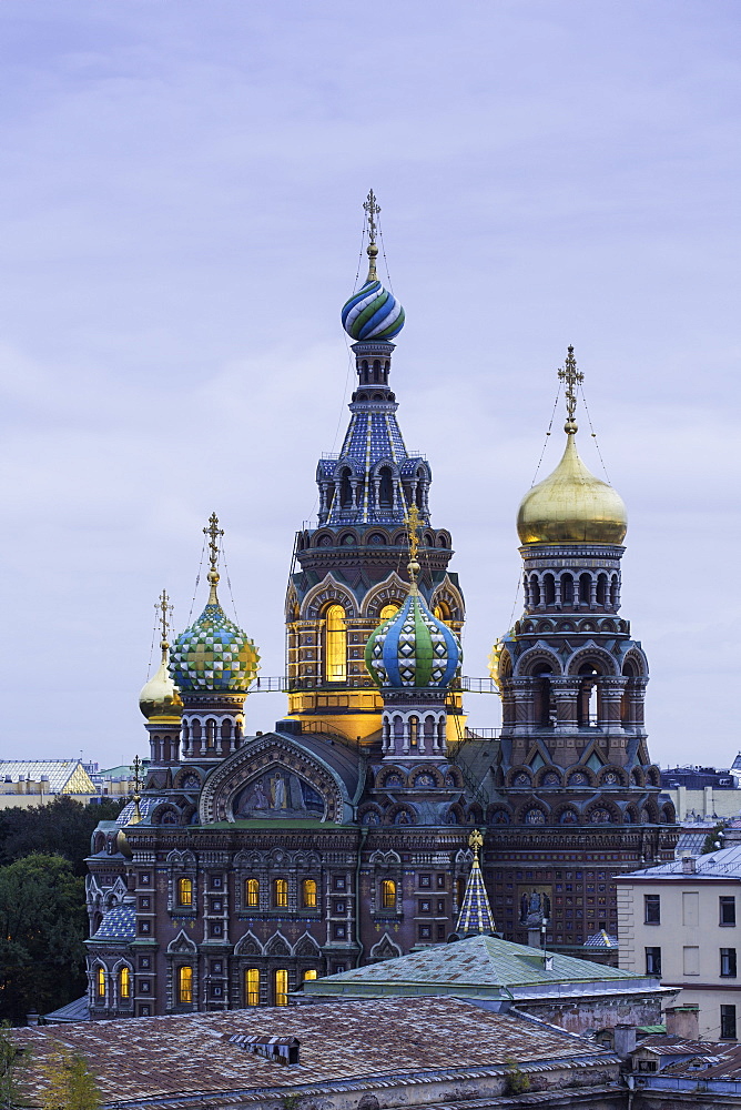 Illuminated domes of Church of the Saviour on Spilled Blood, UNESCO World Heritage Site, St. Petersburg, Russia, Europe