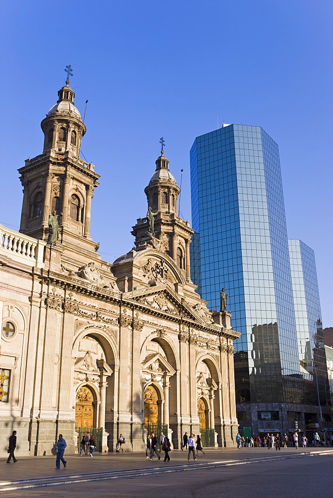 Cathedral Metropolitana and modern office building in Plaza de Armas, Santiago, Chile, South America