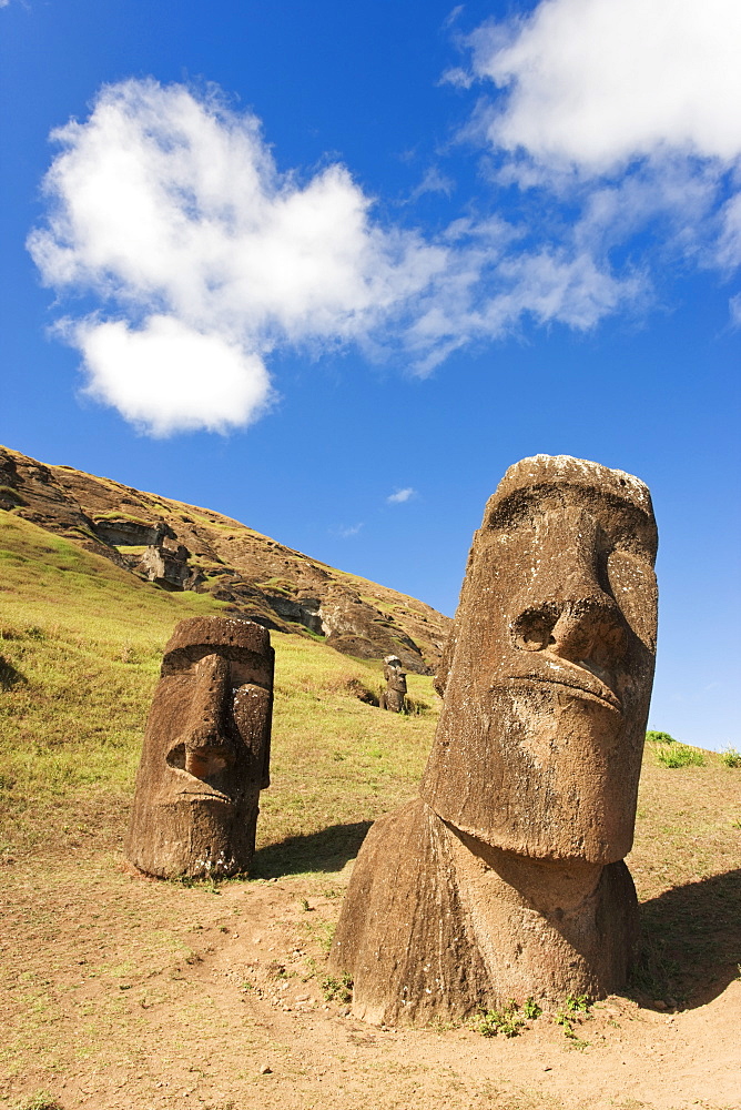 Giant monolithic stone Moai statues at Rano Raraku, Rapa Nui (Easter Island), UNESCO World Heritage Site, Chile, South America