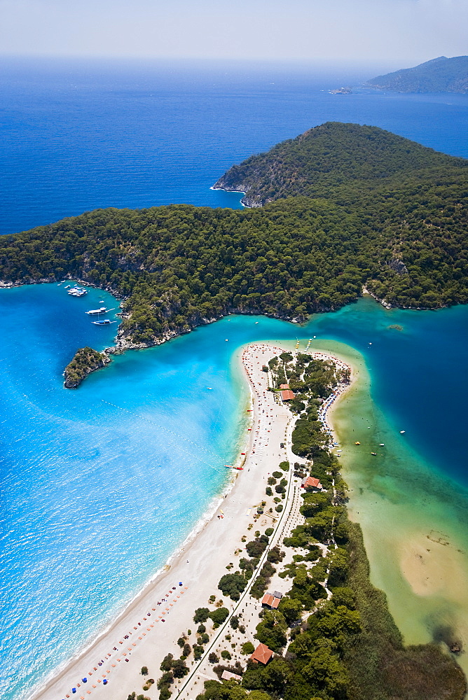 Aerial view of Blue Lagoon and Belcekiz Beach, Oludeniz, near Fethiye, Mediterranean Coast (Turquoise Coast), Anatolia, Turkey, Asia Minor, Eurasia