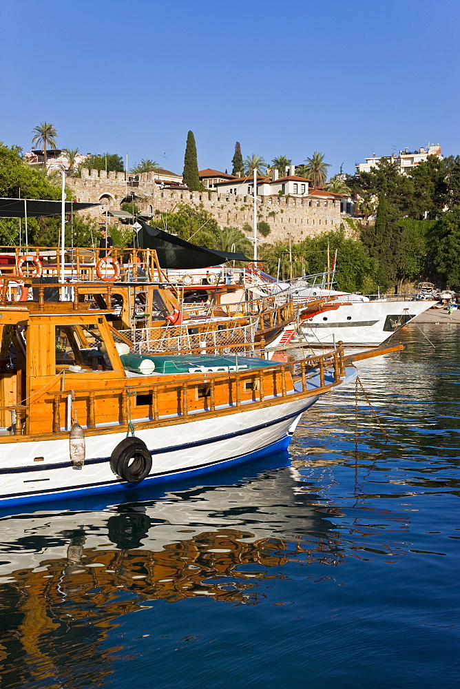 Boats moored in the Marina and Roman Harbour in Kaleici, Old Town, Antalya, Anatolia, Turkey, Asia Minor, Eurasia