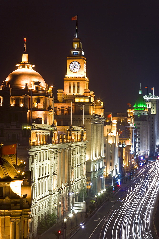 Historic buildings along Shanghai's famous Bund promenade, illuminated at night, Shanghai, China, Asia