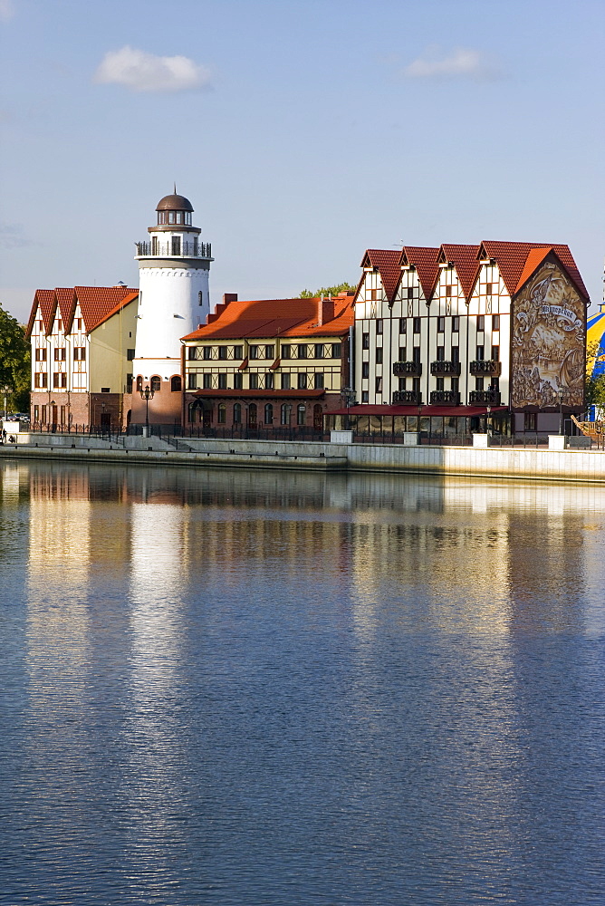 Fish Village, modern housing, hotel and restaurant development along the Pregolya River, Kaliningrad (Konigsberg), Russia, Europe