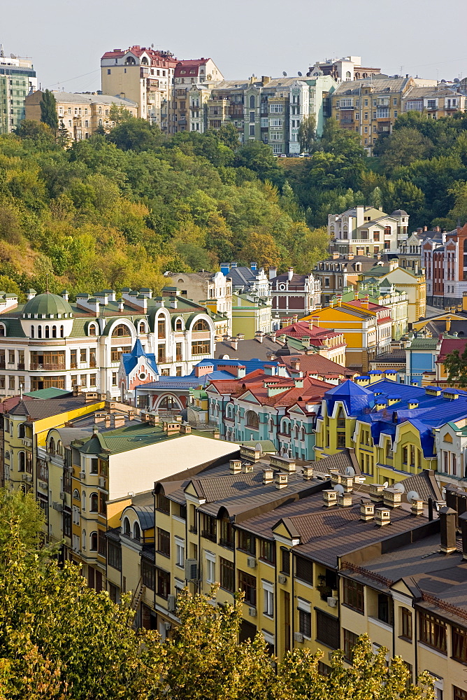 Elevated view over colourful buildings with multicolor roofs in a new residential area of Kiev, Ukraine, Europe