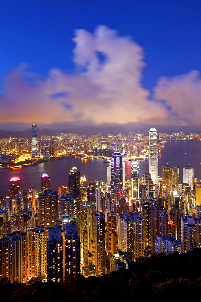 View over Hong Kong from Victoria Peak, the illuminated skyline of Central sits below The Peak, Victoria Peak, Hong Kong, China, Asia