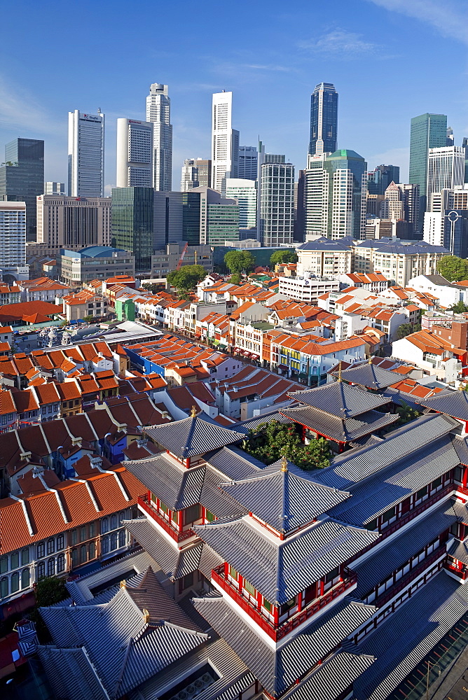 Elevated view over Chinatown, the new  Buddha Tooth Relic temple and modern city skyline, Singapore, Southeast Asia, Asia