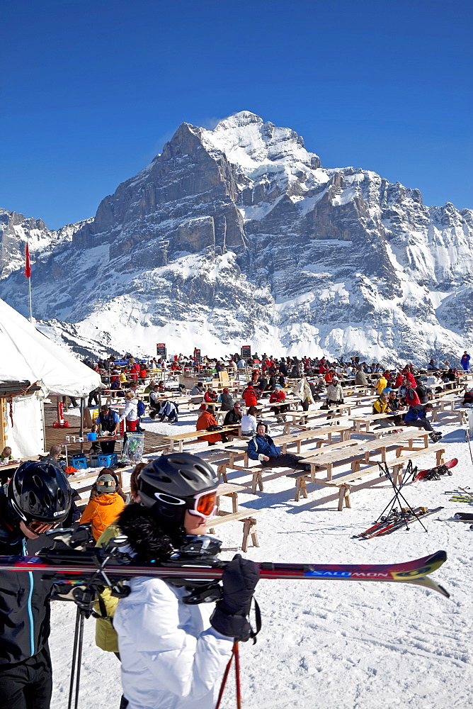 Mountain restaurant with the Wetterhorn mountain, 3692m, in the background, Grindelwald, Jungfrau region, Bernese Oberland, Swiss Alps, Switzerland, Europe