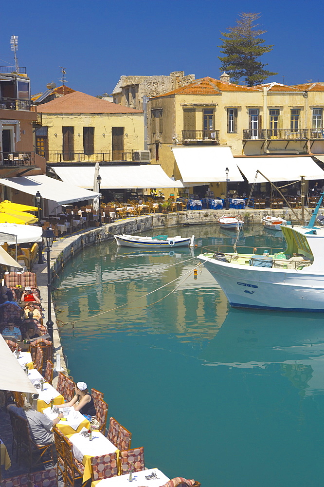 Old port and restaurants, Rethymnon, Crete, Greek Islands, Greece, Europe