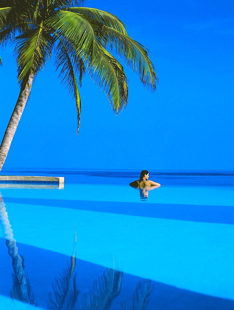 Woman in swimming pool under palm tree looking at sea, Maldives, Indian Ocean, Asia