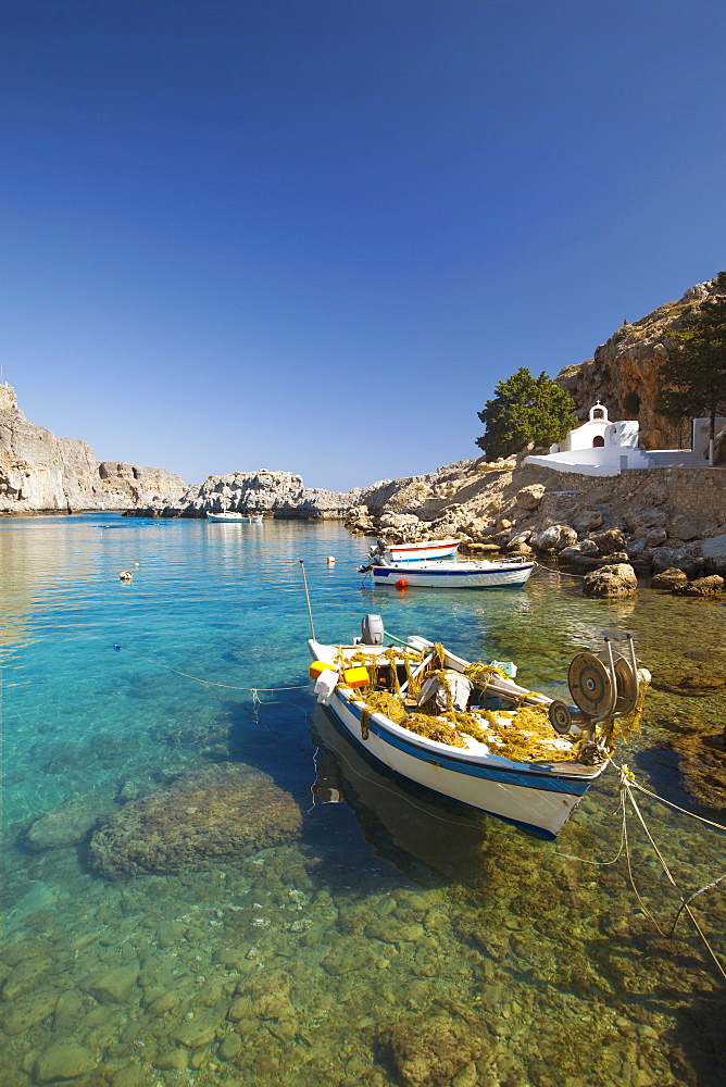 Agios Paulos church and fishing boats, Rhodes, Dodecanese, Greek Islands, Greece, Europe