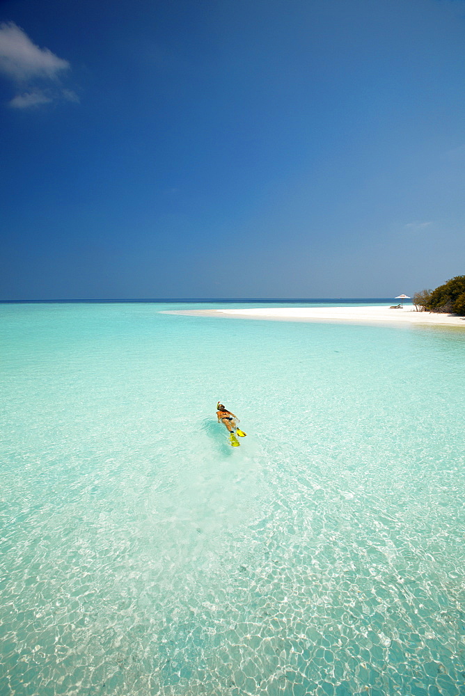 Young woman snorkelling in the Maldives, Indian Ocean, Asia