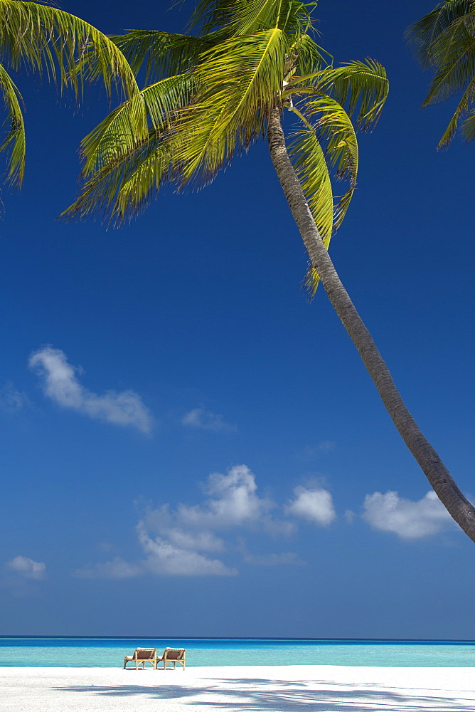 Lounge chairs on tropical beach, Maldives, Indian Ocean, Asia