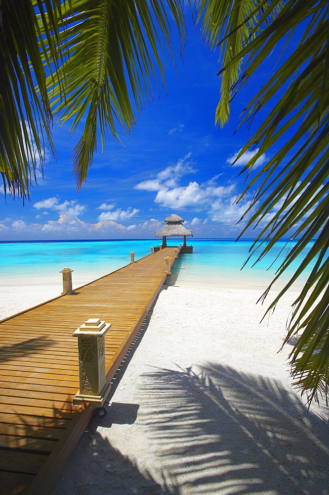 Jetty leading out to tropical sea, Maldives, Indian Ocean, Asia