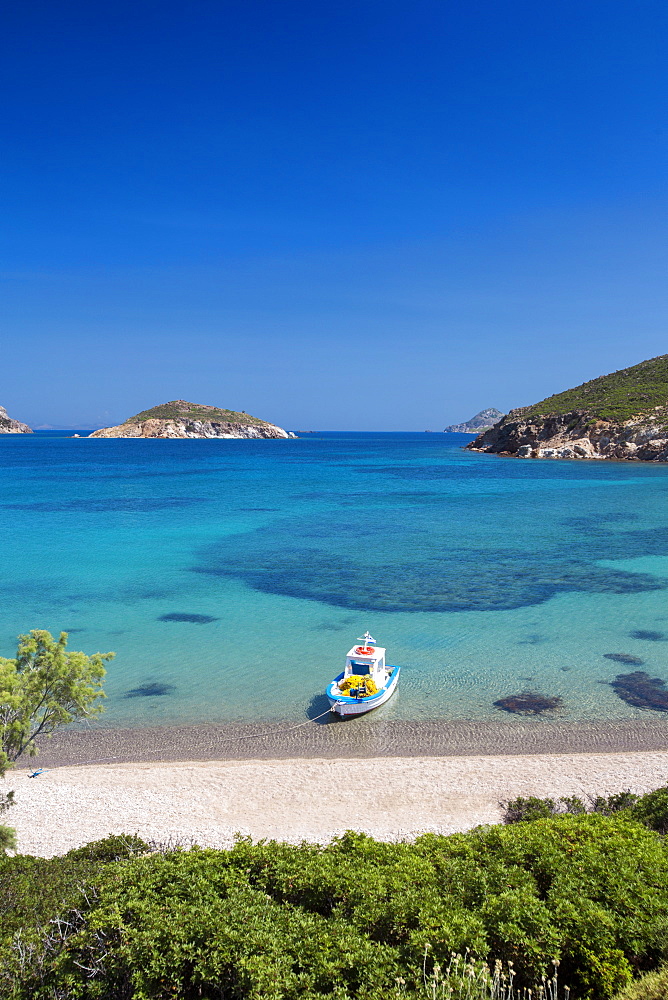 Fishing boat moored on the beach, Patmos Island, Dodecandese, Greek Islands, Greece, Europe