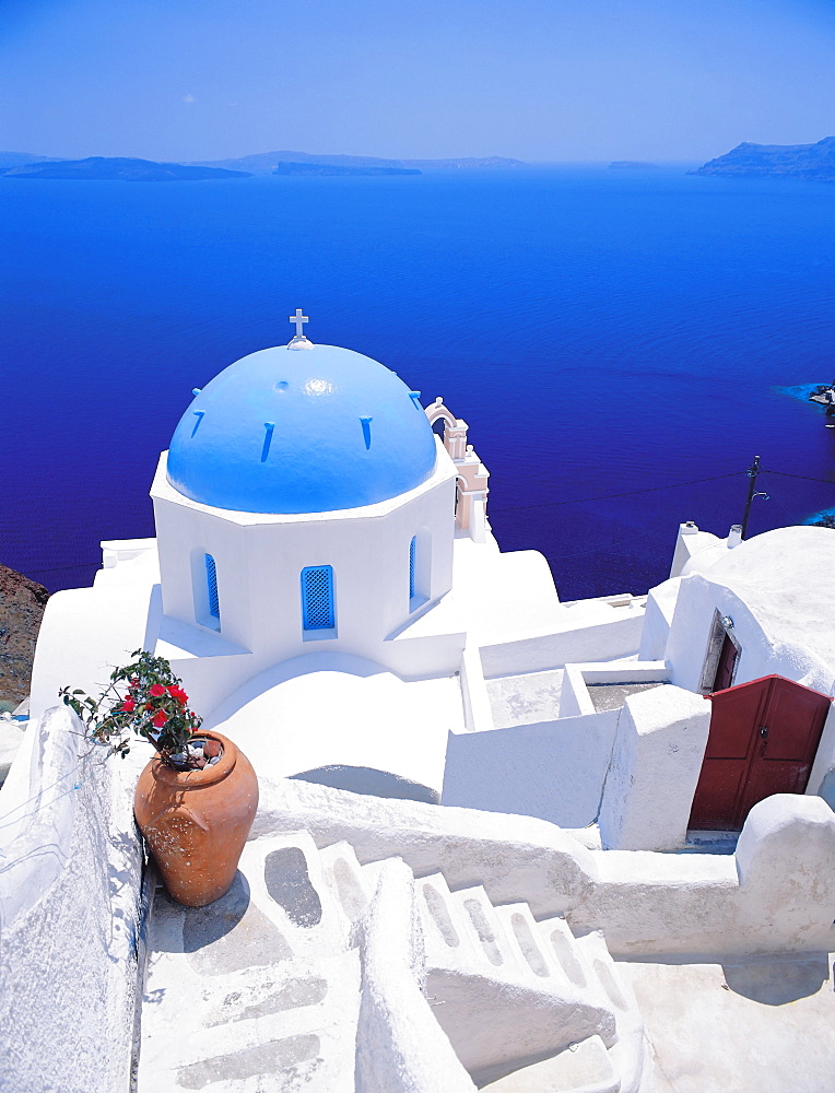 Church overlooking sea, Santorini, Cyclades, Greek Islands, Greece, Europe