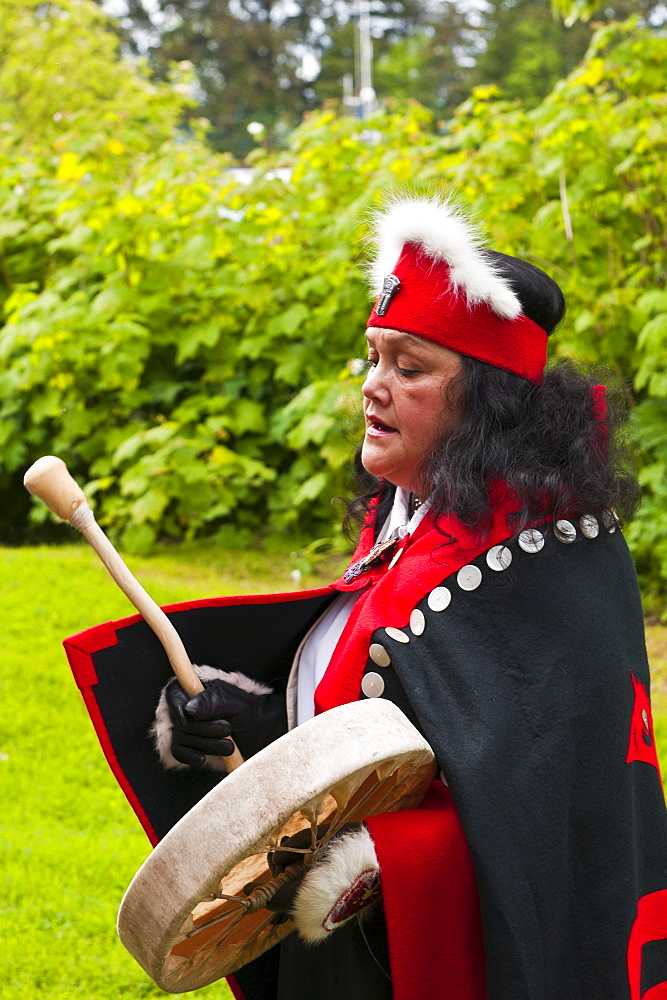 Tlingit native performers at Chief Shakes Tribal House, historic site, Wrangell, Southeast Alaska, United States of America, North America