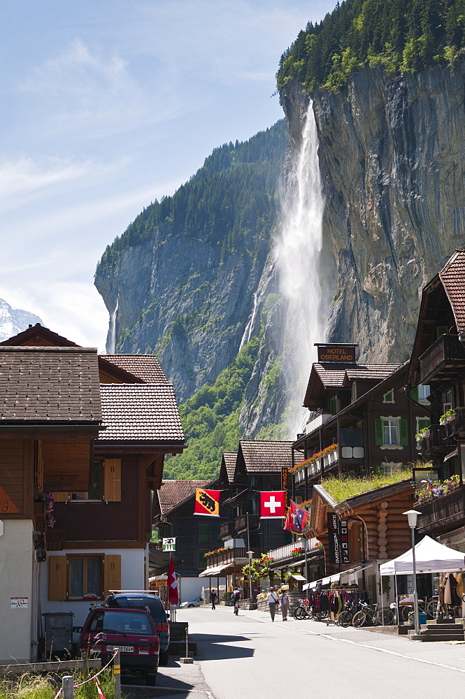 Staubbach Falls in Lauterbrunnen, Jungfrau Region, Switzerland, Europe