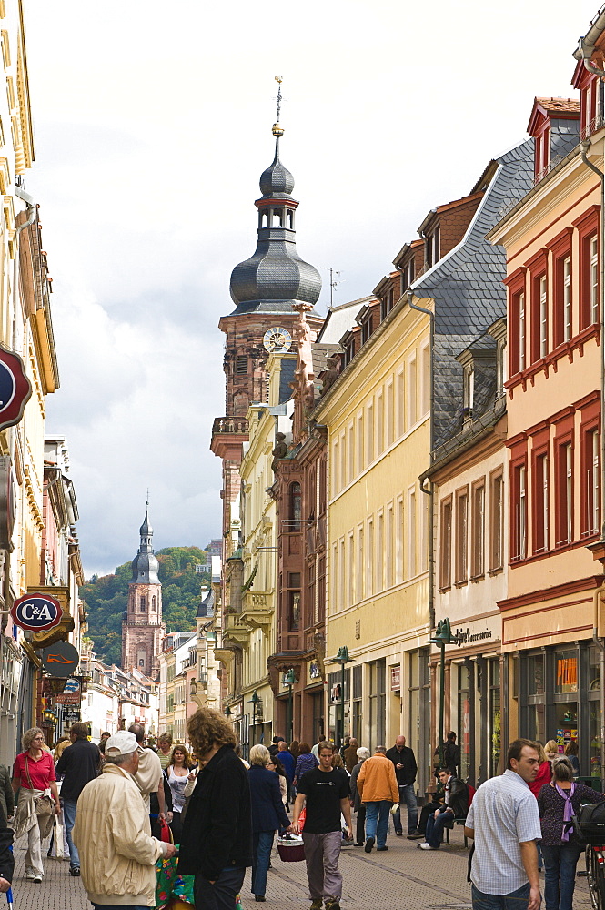 The Hauptstrasse, main Street with the Providenzkirche (Church of Providence) steeple, Old Town, Heidelberg, Baden-Wurttemberg, Germany, Europe