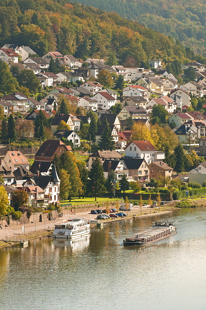 View of the Neckar River and Neckarsteinach from Hinterburg Castle, Hesse, Germany, Europe