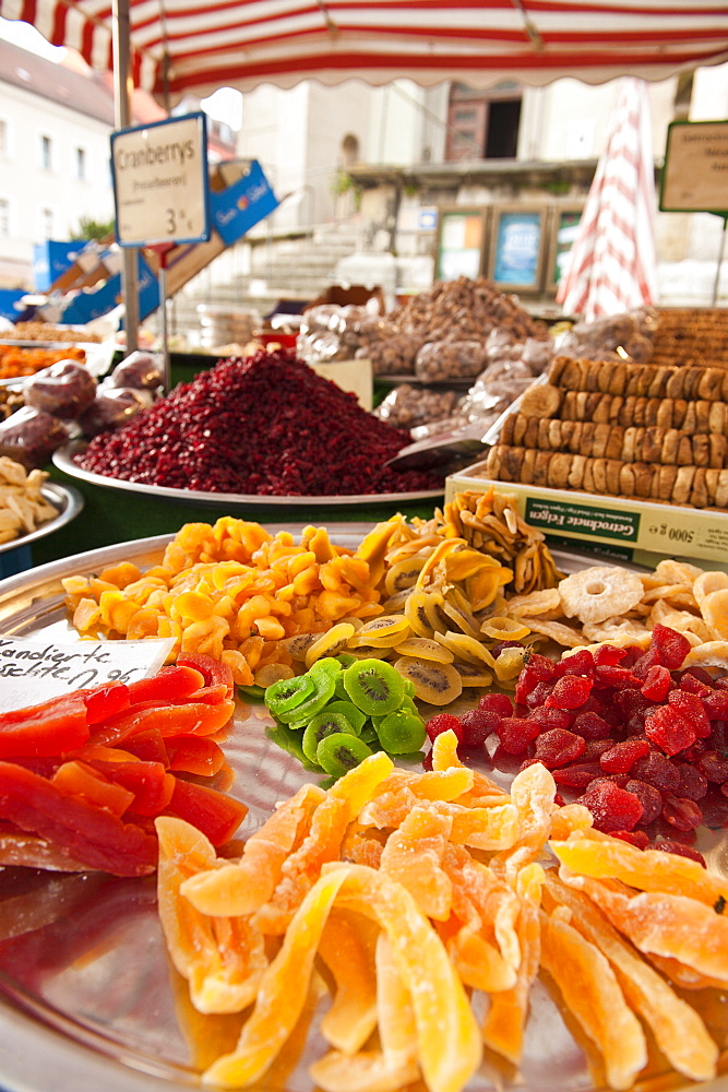 Candied fruits in local market in Regensburg, Bavaria, Germany, Europe