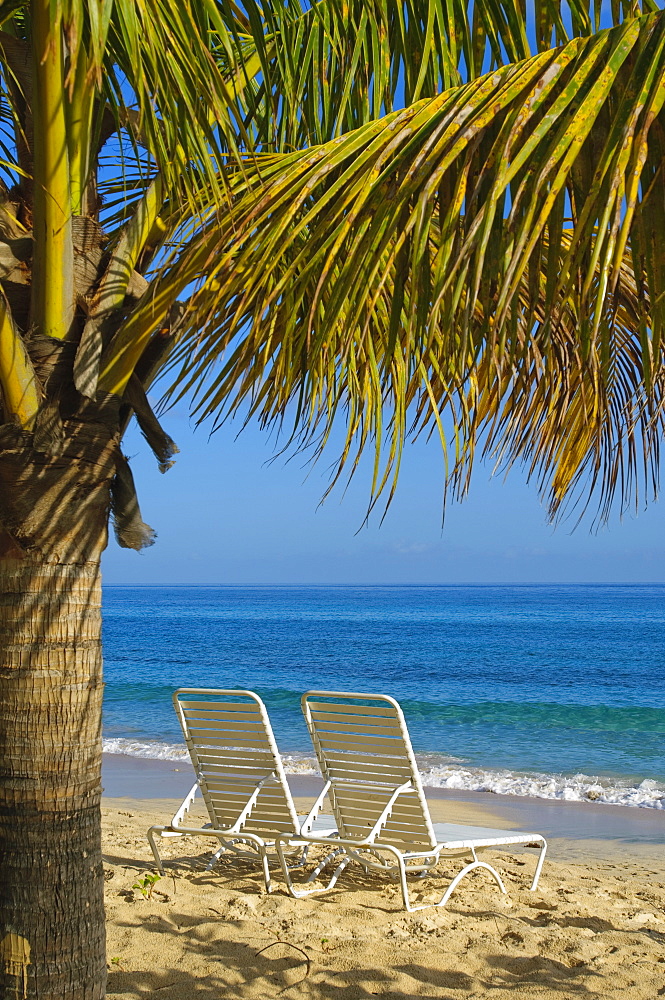 Beach chairs on Grand Anse Beach, Grenada, Windward Islands, West Indies, Caribbean, Central America