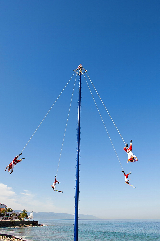 Voladores of Papantla flying men, on the Malecon, Puerto Vallarta, Jalisco, Mexico, North America