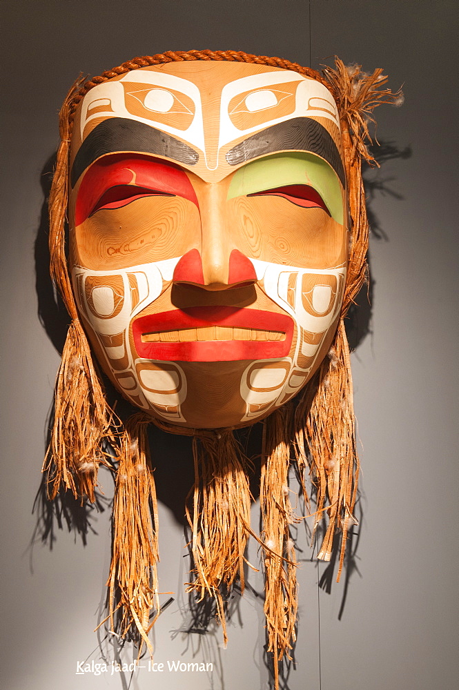 Mask at Haida Heritage Centre at Kaay Llnagaay, Haida Gwaii (Queen Charlotte Islands), British Columbia, Canada, North America